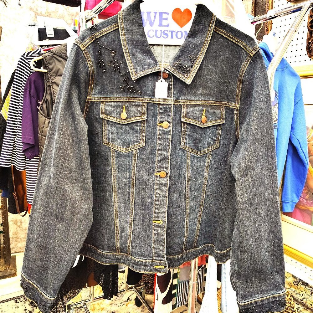 Vintage Black Denim Jacket With Black Beaded Applique Design - Plus Size